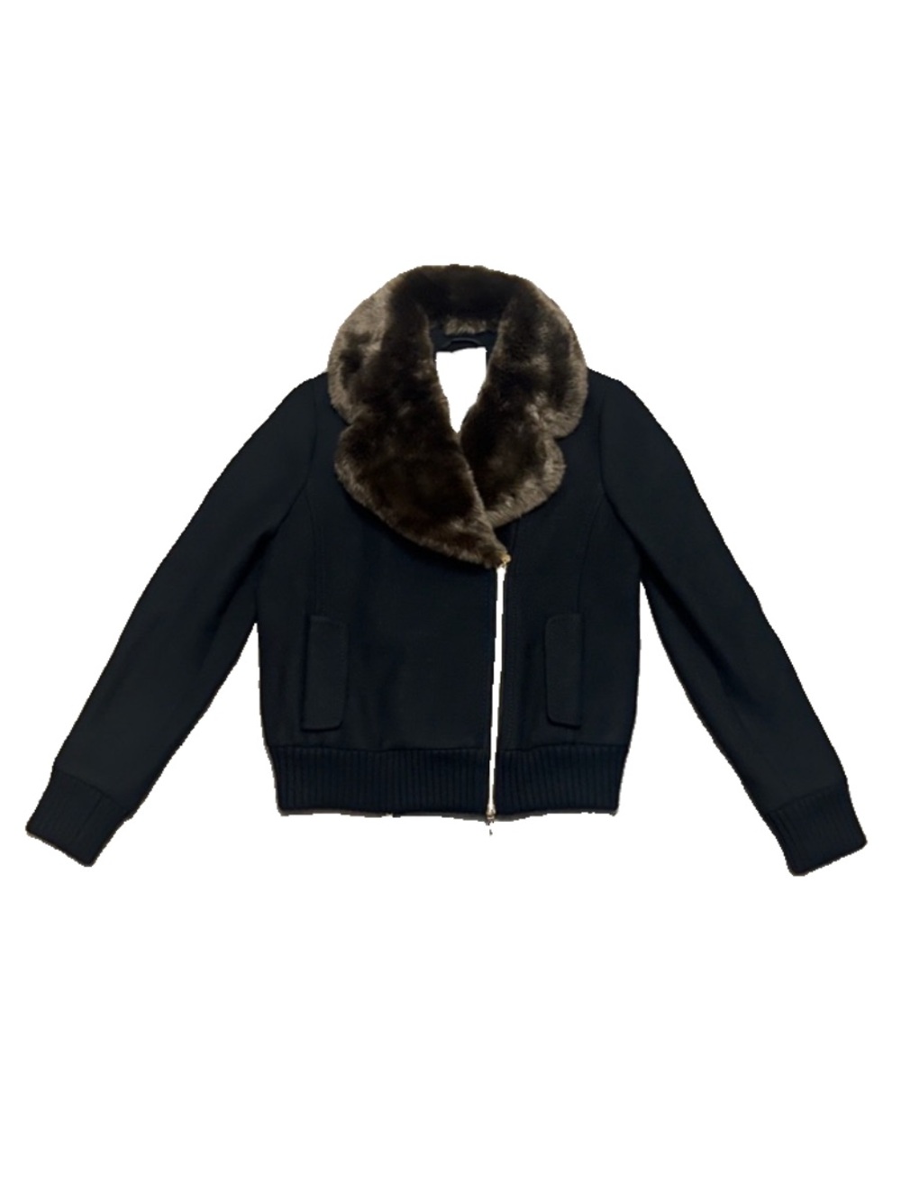 Kate Spade New York 100% Wool Faux Fur Collar Zip Jacket Size 6 Black Brown